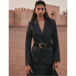 Maeve by Anthropologie Black Faux Leather Laser Cutout Bell Sleeve Blazer